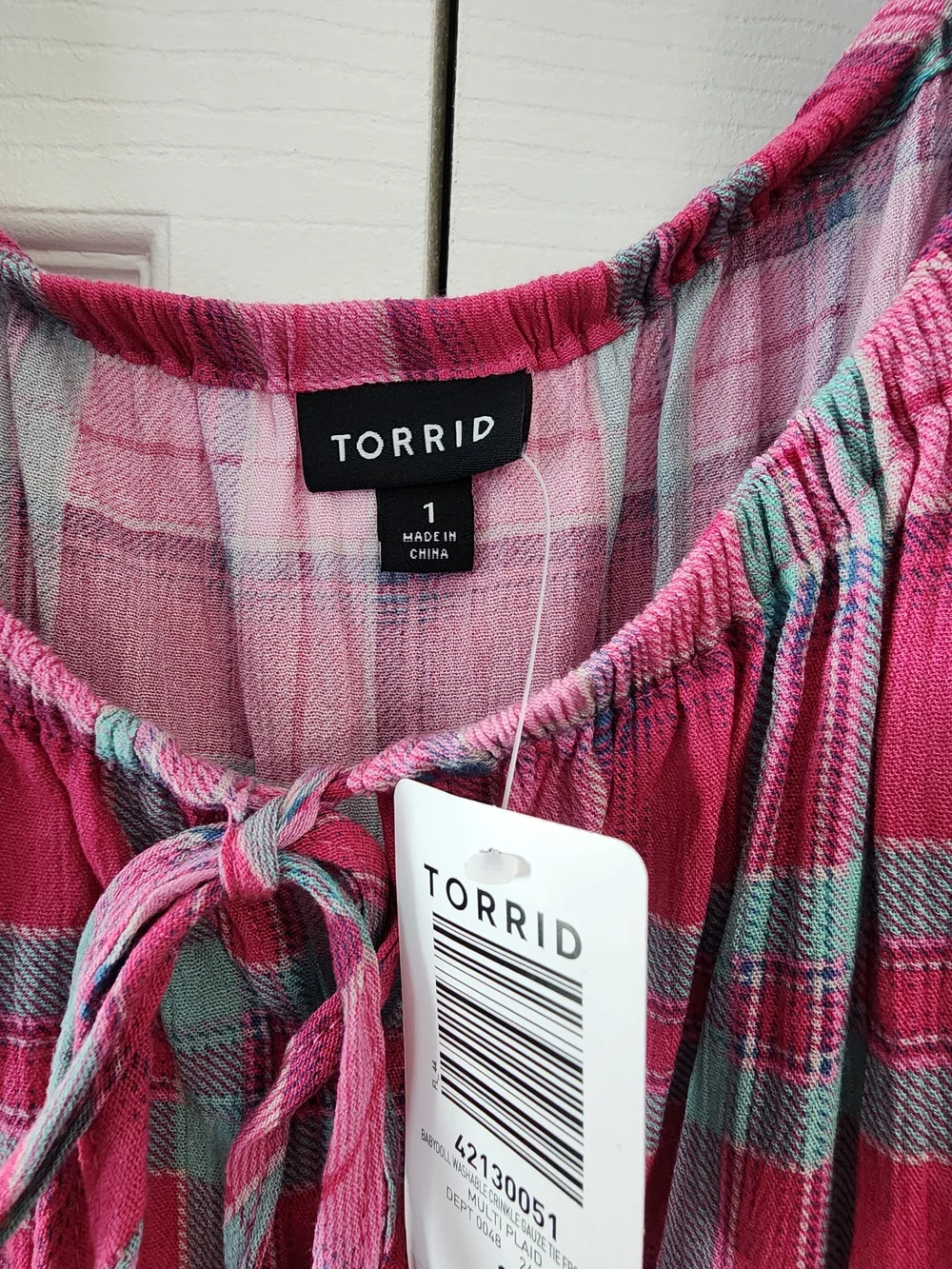 Torrid Pink and Aqua Plaid Peasant Tunic with Tie Front Baby Doll - Picture 3 of 5